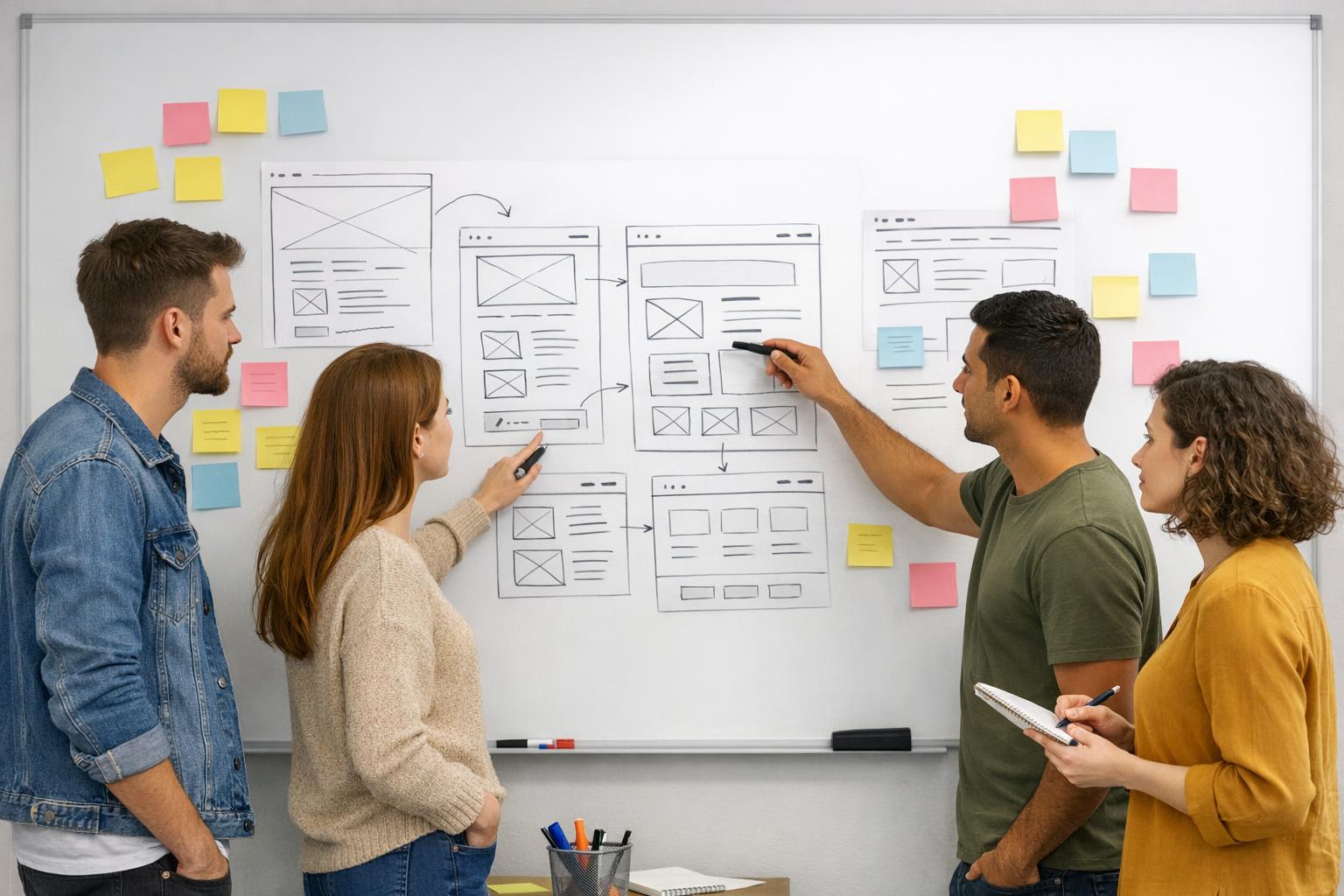 Zdjęcie zespołu tworzącego prototyp strony na tablicy z notatkami