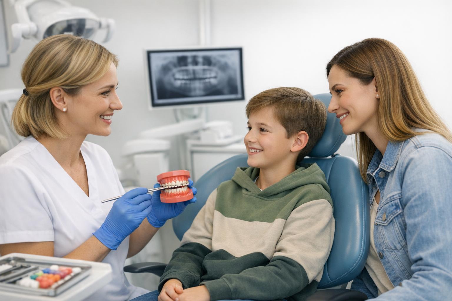 zdjęcie konsultacji ortodontycznej z rodzicem i dzieckiem przy krześle dentystycznym